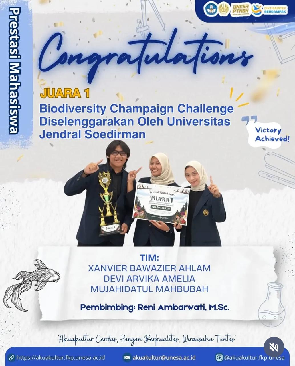 Mahasiswa S1 Akuakultur FKP UNESA Raih Juara 1 Biodiversity Campaign Challenge
