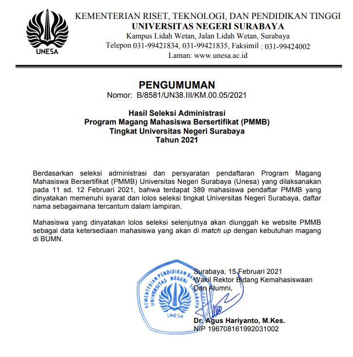 PENGUMUMAN Hasil Seleksi Administrasi Program Magang Mahasiswa ...