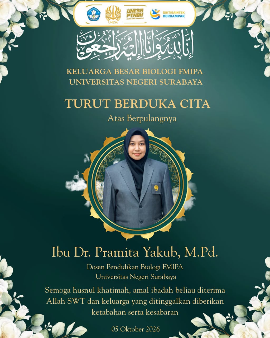 Turut Berduka Cita atas Berpulangnya Ibu Dr. Pramitha Yakub, M.Pd
